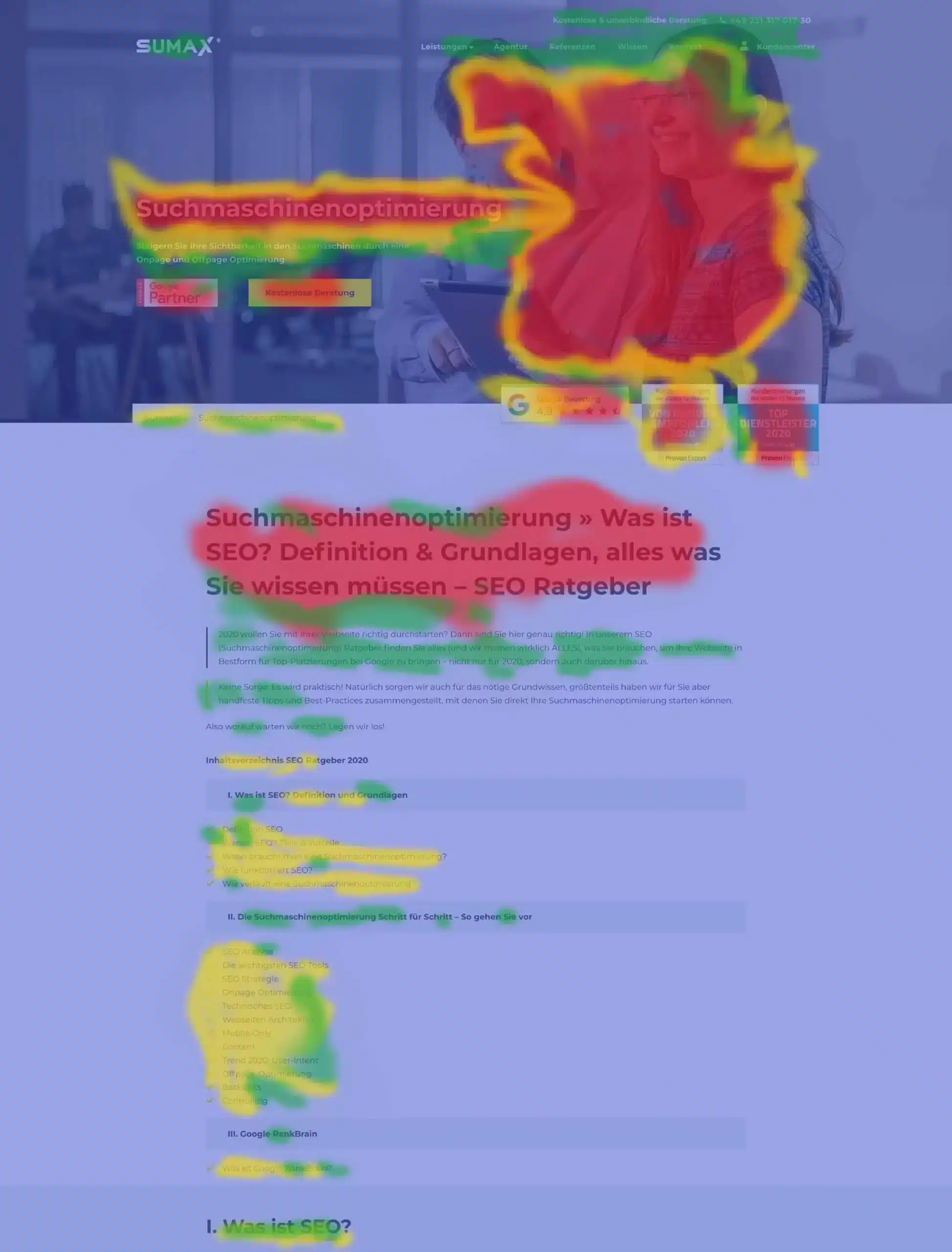 Screenshot einer Heatmap einer Website