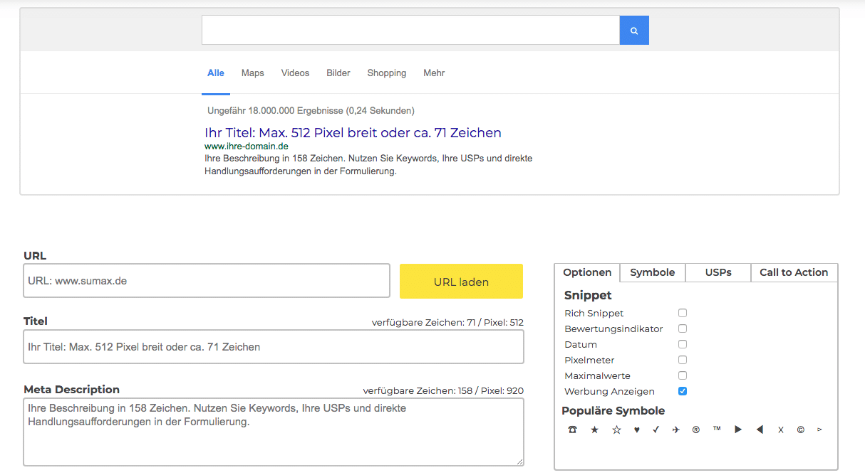 SERP Snippet Generator - Verfassen von Meta-Daten 